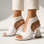 White high-heel sandals with woven texture, open toe and side cutout, block heel