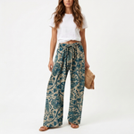 High-waisted floral wide-leg pants, teal-blue with elastic drawstring waist