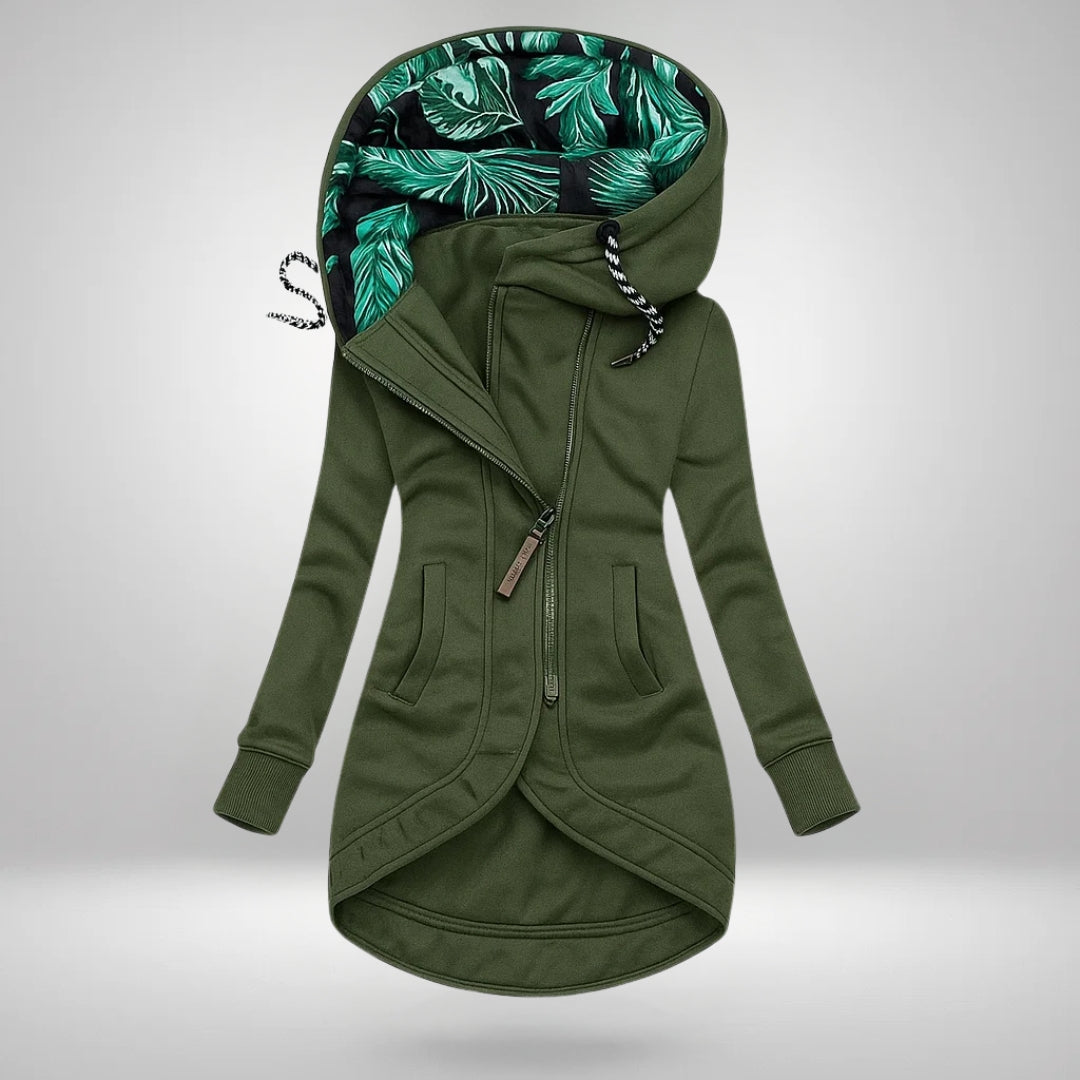 Women’s winter coat in military green, zip-front hood with green leafy inner lining