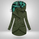 Women’s winter coat in military green, zip-front hood with green leafy inner lining