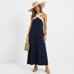 Navy cross-strap halter midi dress with crisscross neckline and A-line skirt