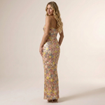 Side view of fitted maxi floral sequin dress with spaghetti straps, multicolor print