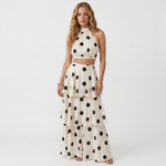 Ismene polka-dot sleeveless top and long tiered skirt set, black on cream