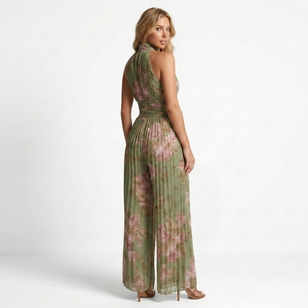 Floral print wide-leg jumpsuit, sleeveless V-neck, side view