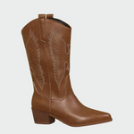 Brown cowboy boots in leather with pointed toe and stitched wing embroidery
