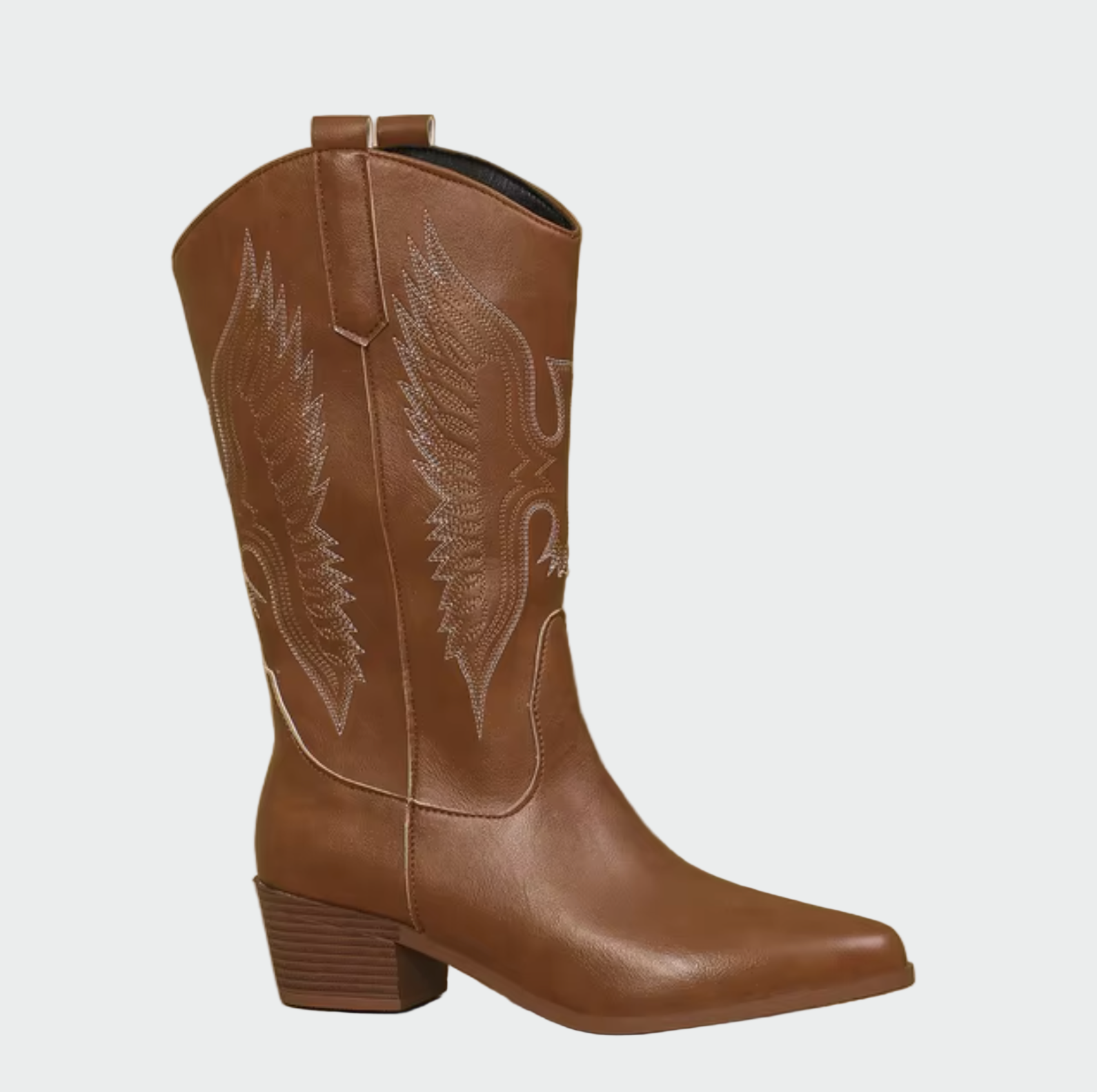 Brown cowboy boots in leather with pointed toe and stitched wing embroidery