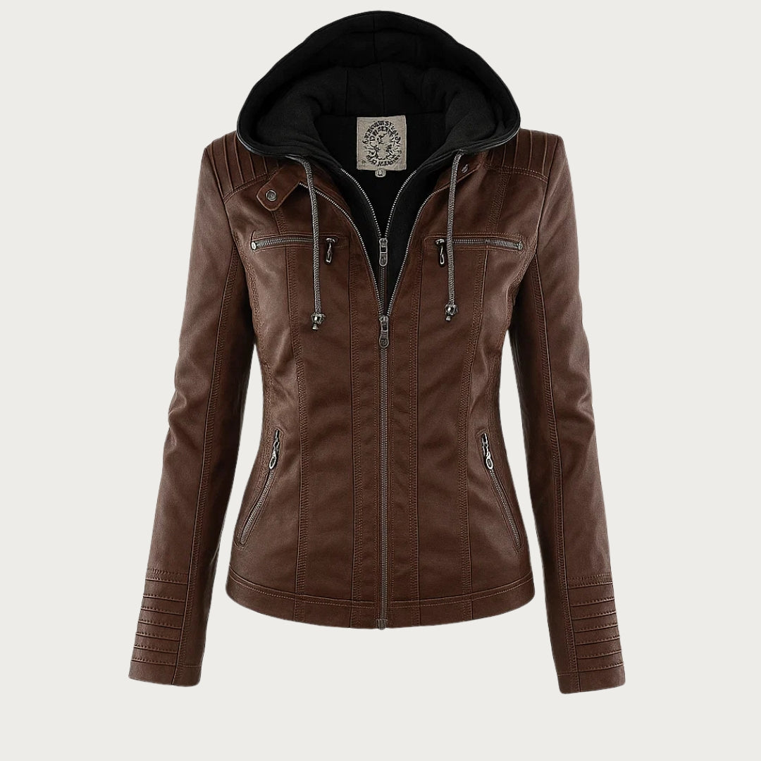 Brown faux-leather biker hoodie jacket front view with zip pockets and hood pull tabs