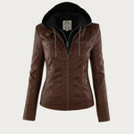 Brown faux-leather biker hoodie jacket front view with zip pockets and hood pull tabs