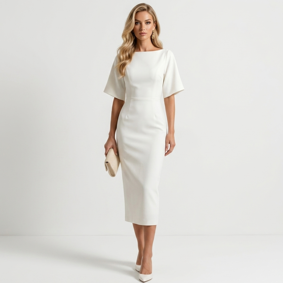 White midi sheath dress with short sleeves and round neckline