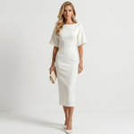 White midi sheath dress with short sleeves and round neckline