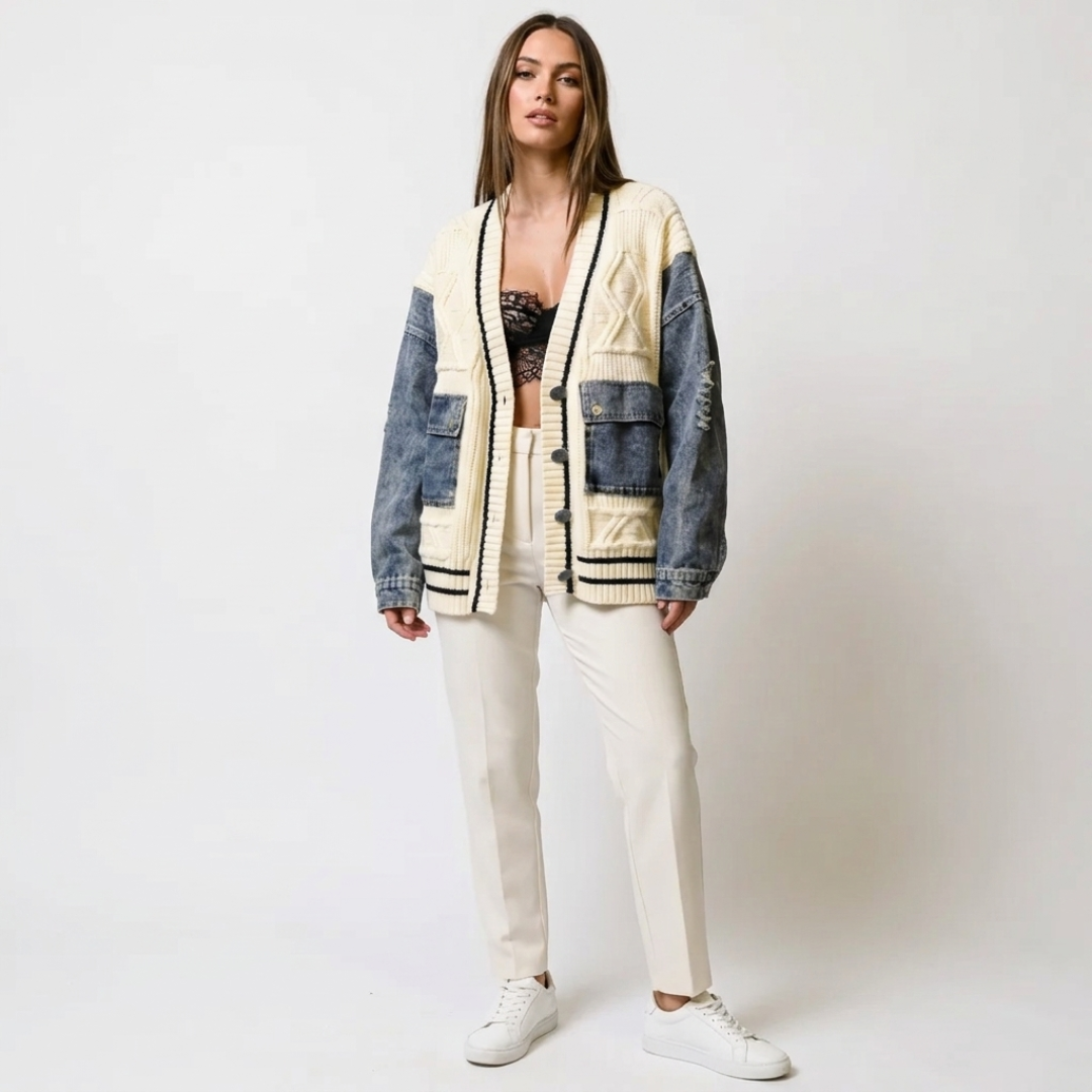 Patchwork cardigan with cream knit body, dark denim sleeves, patch pockets, button front