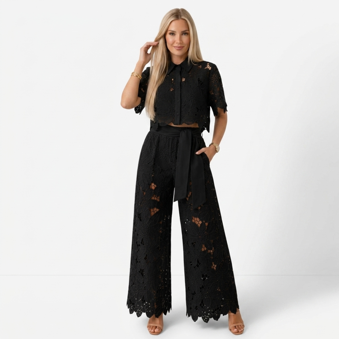 Black lace two-piece set with cropped short-sleeve jacket and wide-leg pants