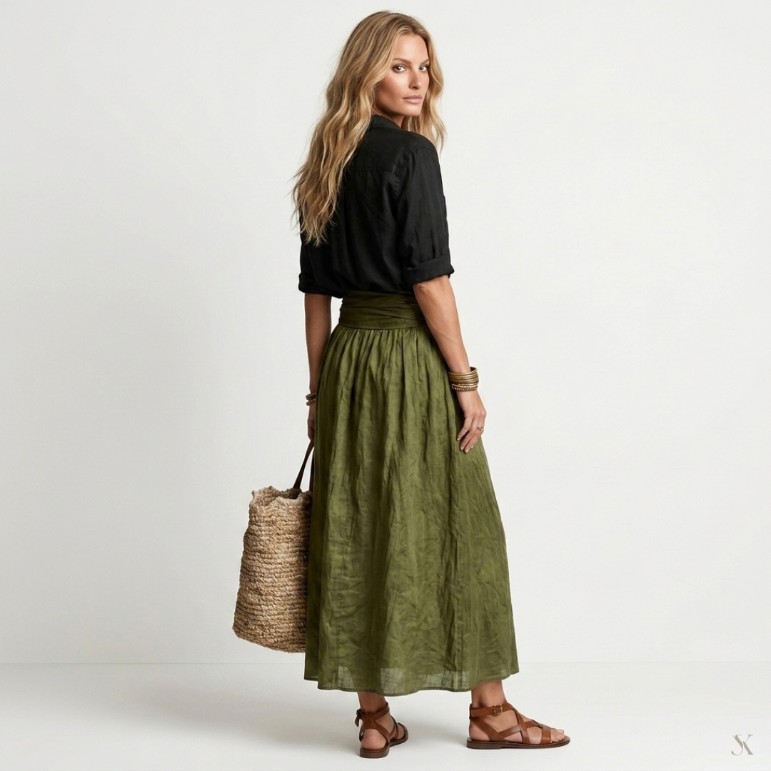 Two-piece set: black short-sleeve button blouse and olive green gathered skirt