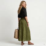 Two-piece set: black short-sleeve button blouse and olive green gathered skirt