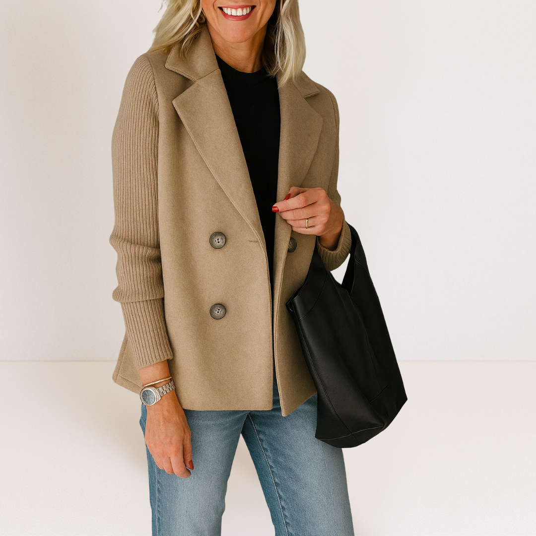 Beige casual blazer with notch lapels, ribbed sleeves, and two-button front