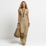 Magda bare-shoulder maxi dress, beige linen-look, sleeveless halter