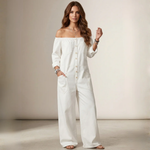 Vintage off-shoulder cotton overalls, white, button front with chest pocket and long legs