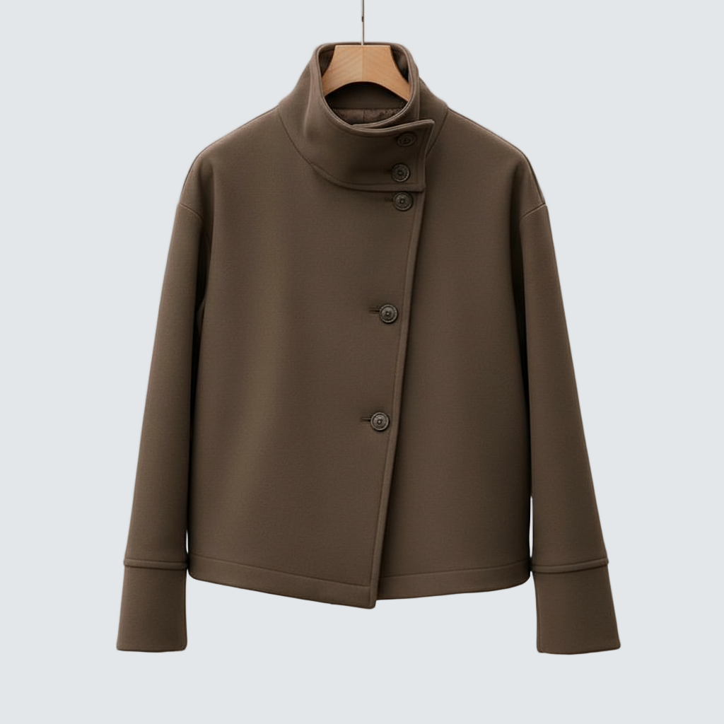 Short taupe jacket with stand collar and asymmetrical button front