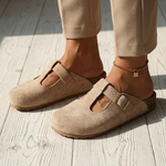 Khaki suede slide clogs with square buckle strap and cutout instep