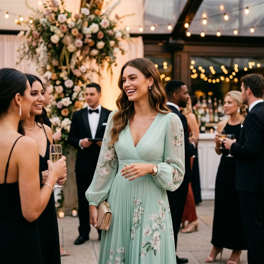 Mint green floral midi dress with V-neck and long sheer sleeves at an event