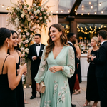 Mint green floral midi dress with V-neck and long sheer sleeves at an event