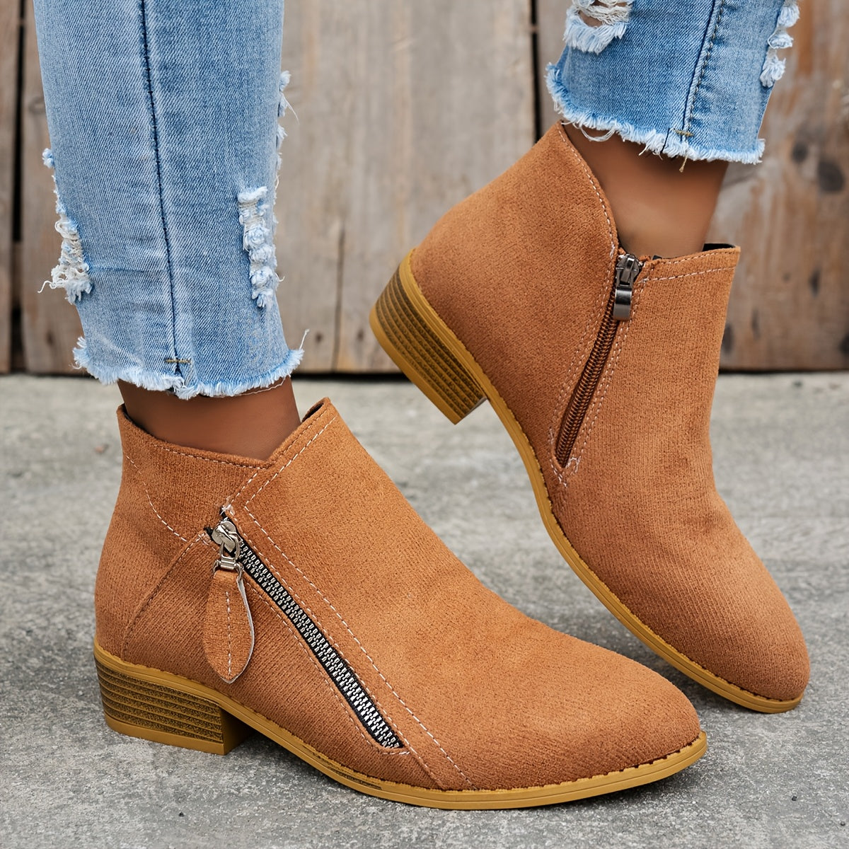 Tan orthopedic ankle boots with side zipper and block heel