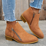 Tan orthopedic ankle boots with side zipper and block heel