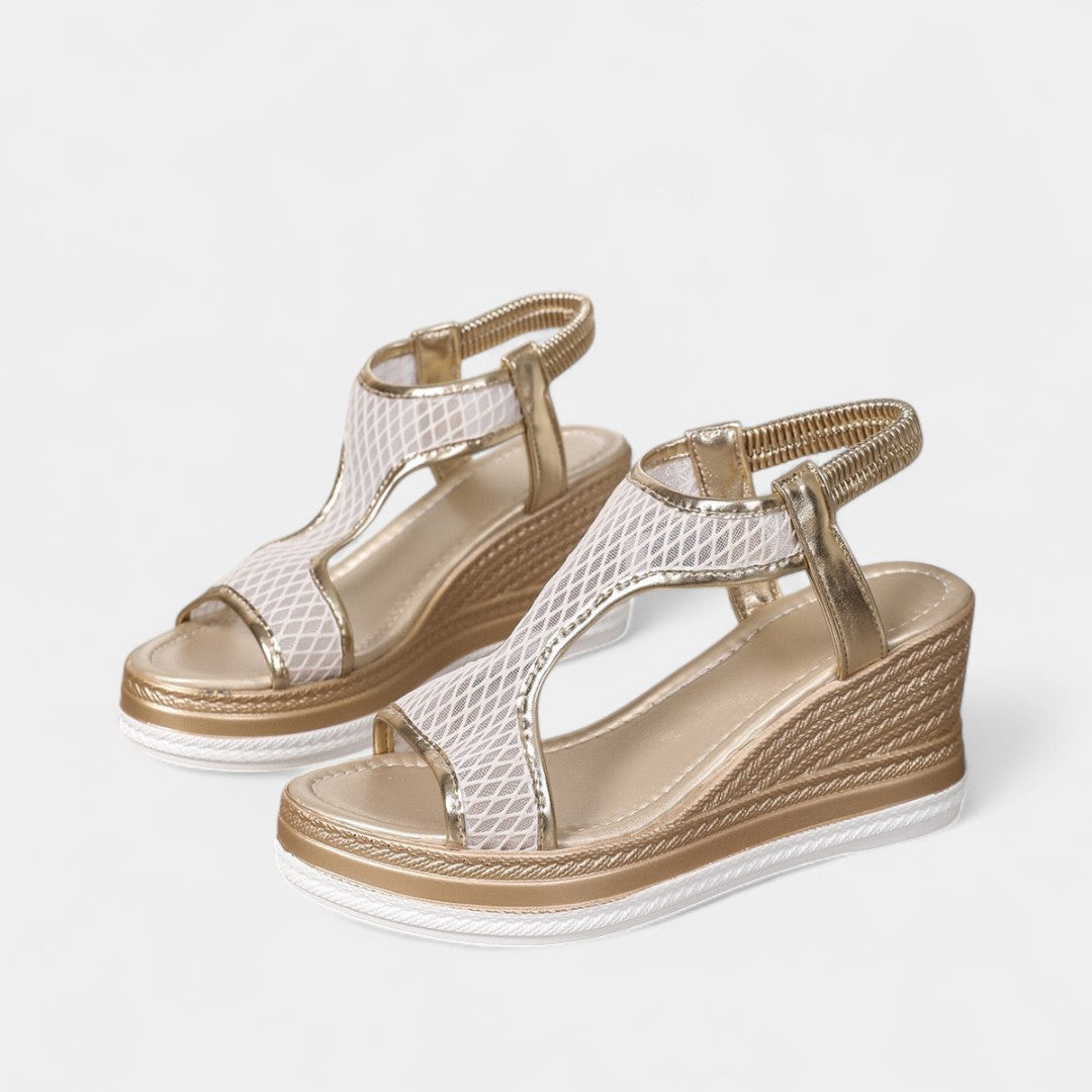 Women's orthopedic platform sandals, white straps with beige and gold wedge