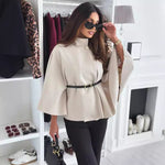 Women's cream jacket with peplum waist, belt, and buttoned high neckline