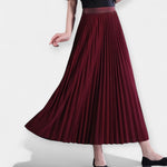 Long satin pleated skirt, burgundy, full-length pleats and elastic waistband