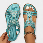 Orthopedic boho sandals in turquoise with jeweled floral straps and open toe