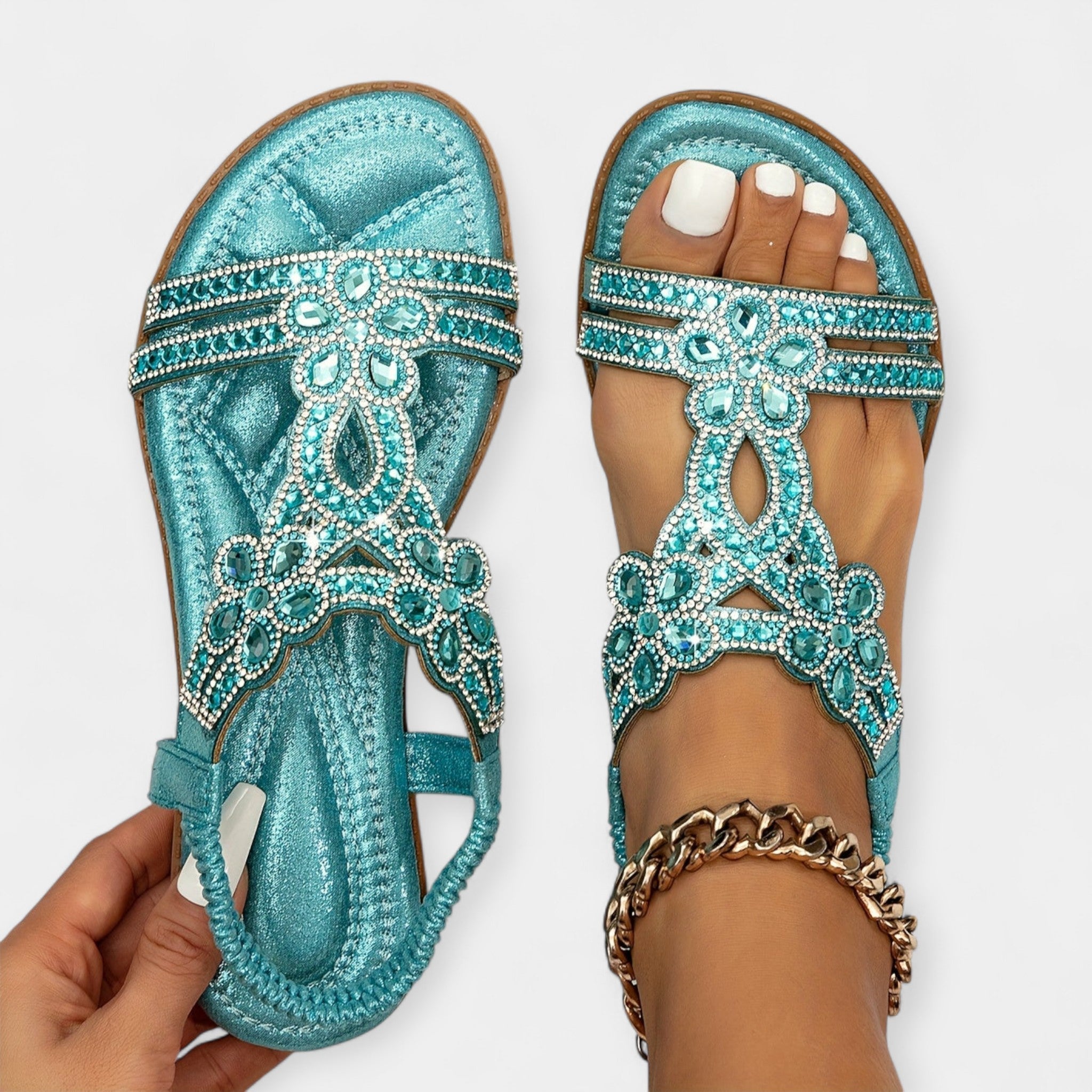 Orthopedic boho sandals in turquoise with jeweled floral straps and open toe