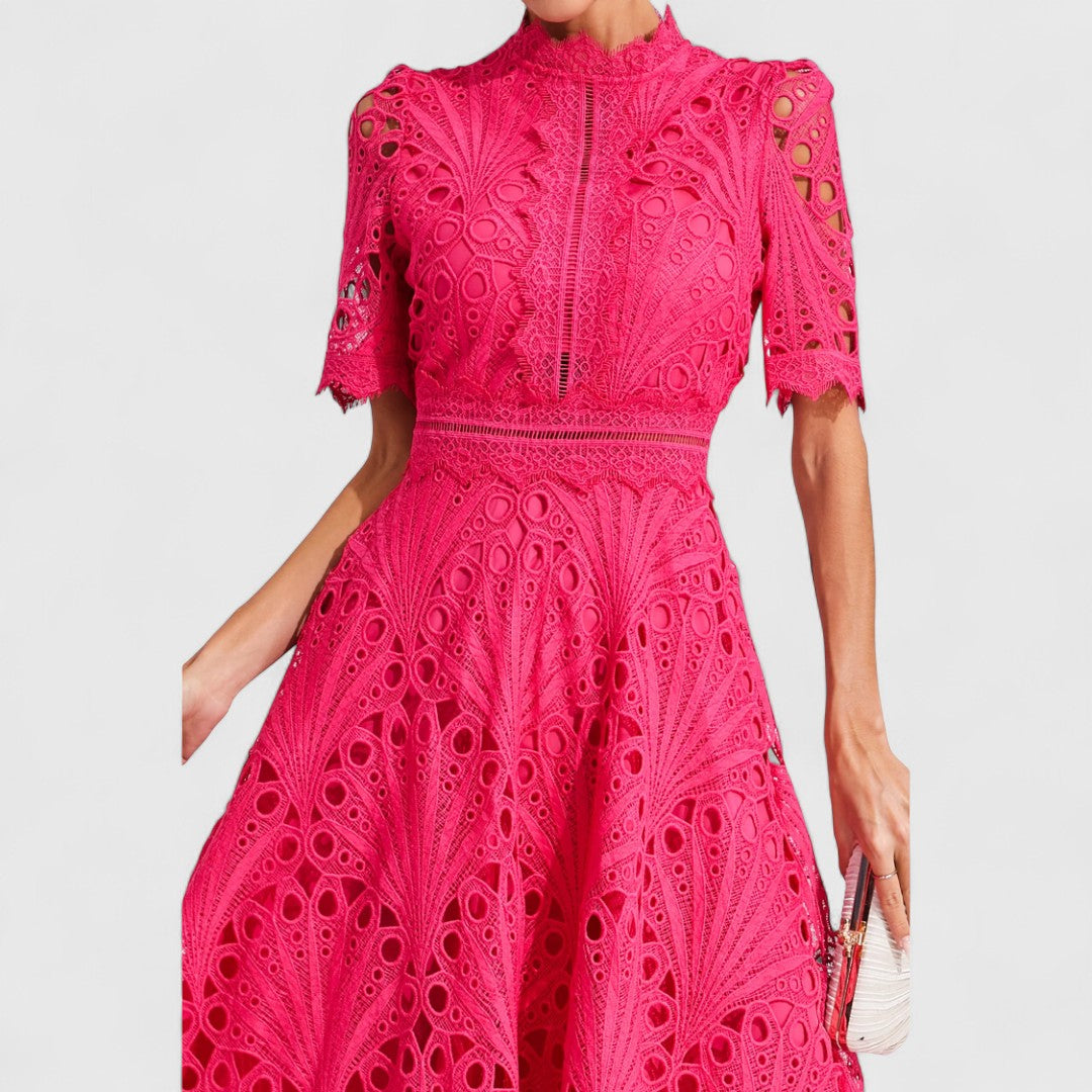 Women's pink lace midi dress with high neck and short sleeves, fitted bodice