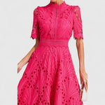 Women's pink lace midi dress with high neck and short sleeves, fitted bodice