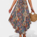 High-waisted midi skirt, paisley floral print, tiered, draped hem