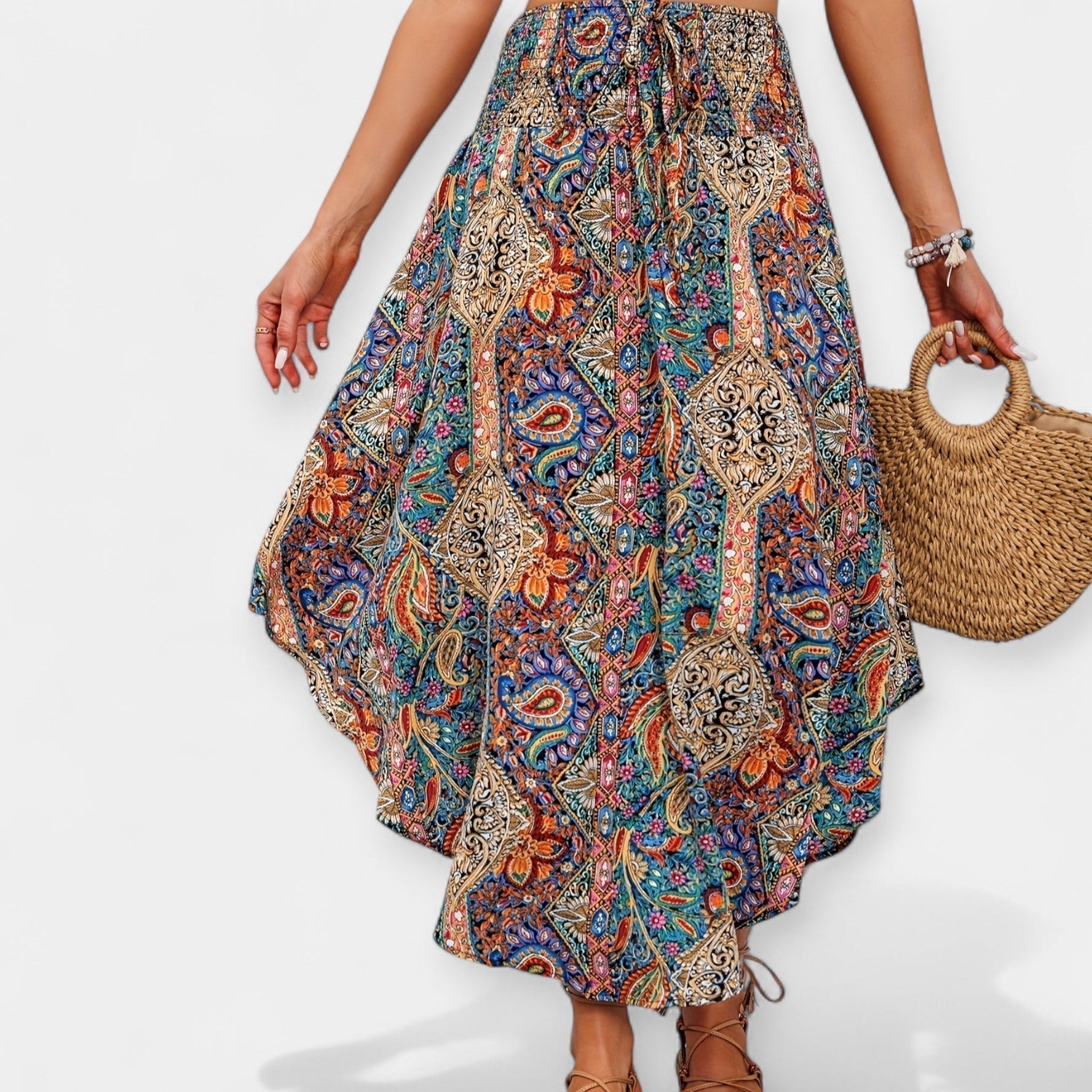 High-waisted midi skirt, paisley floral print, tiered, draped hem