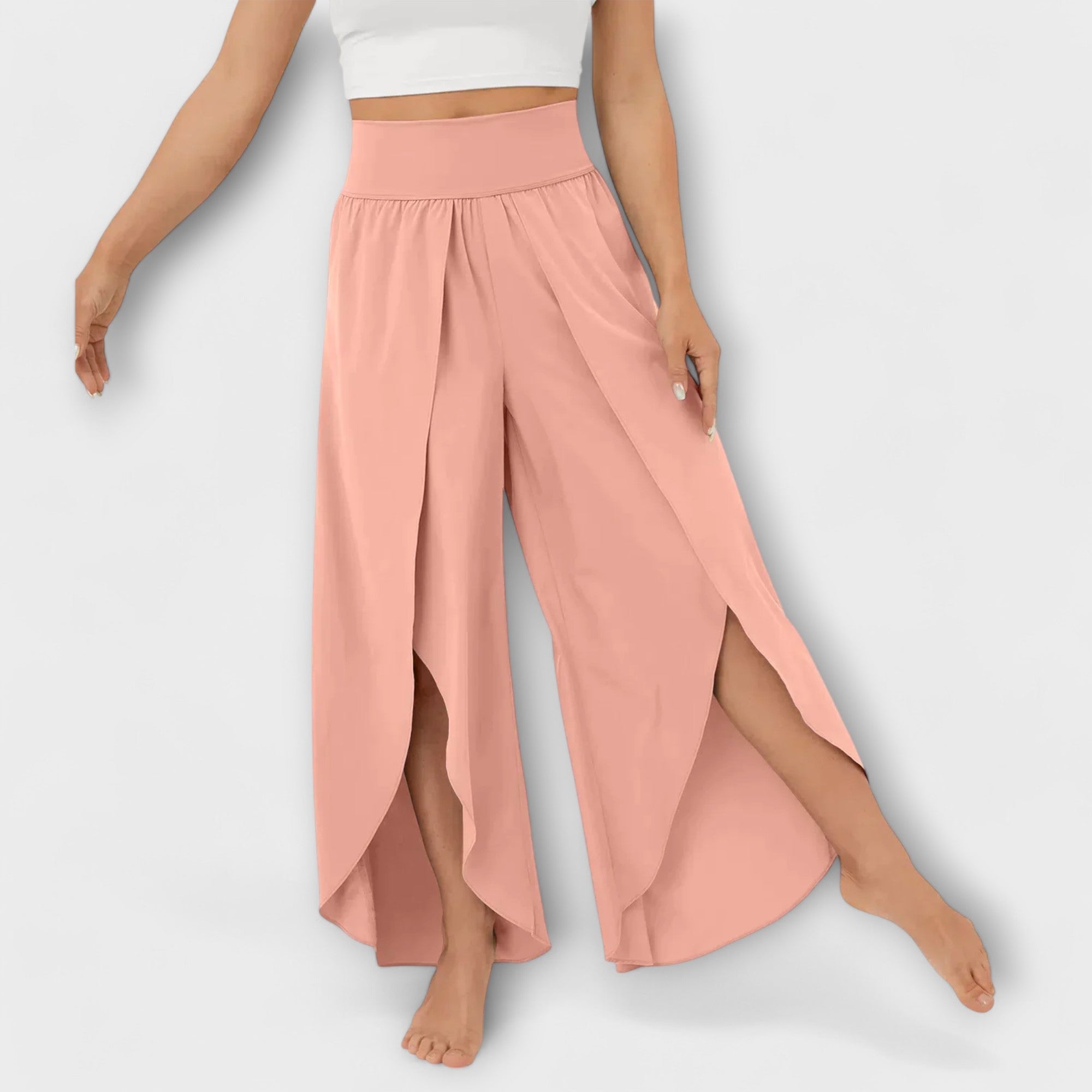 Women’s wide-leg pants with elastic waist, blush pink, long side slit draped hem