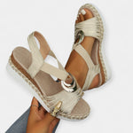 Roman knit sandals, beige woven straps with ankle wrap and silver ring buckle