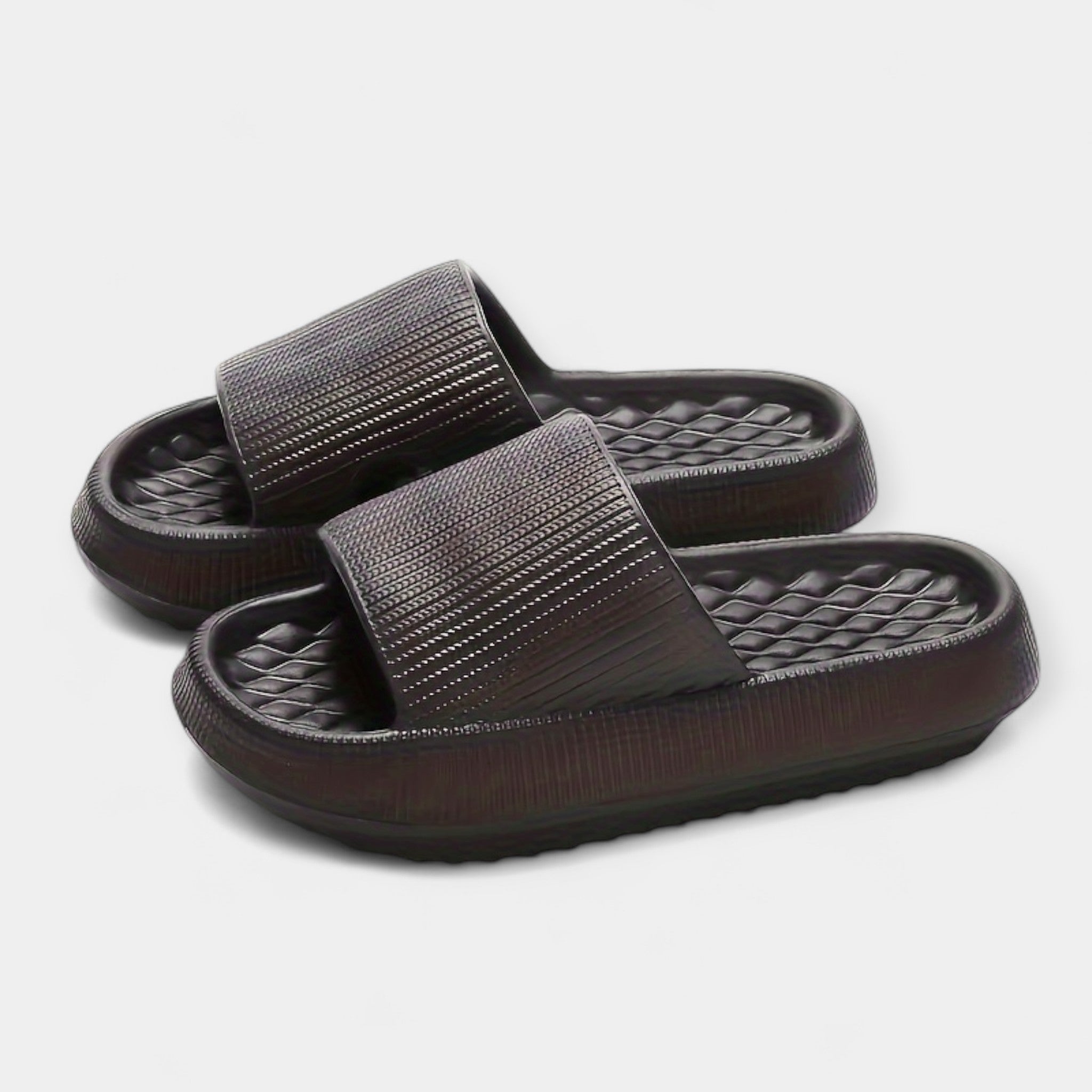 Dark brown textured slide sandals with thick cushioned sole