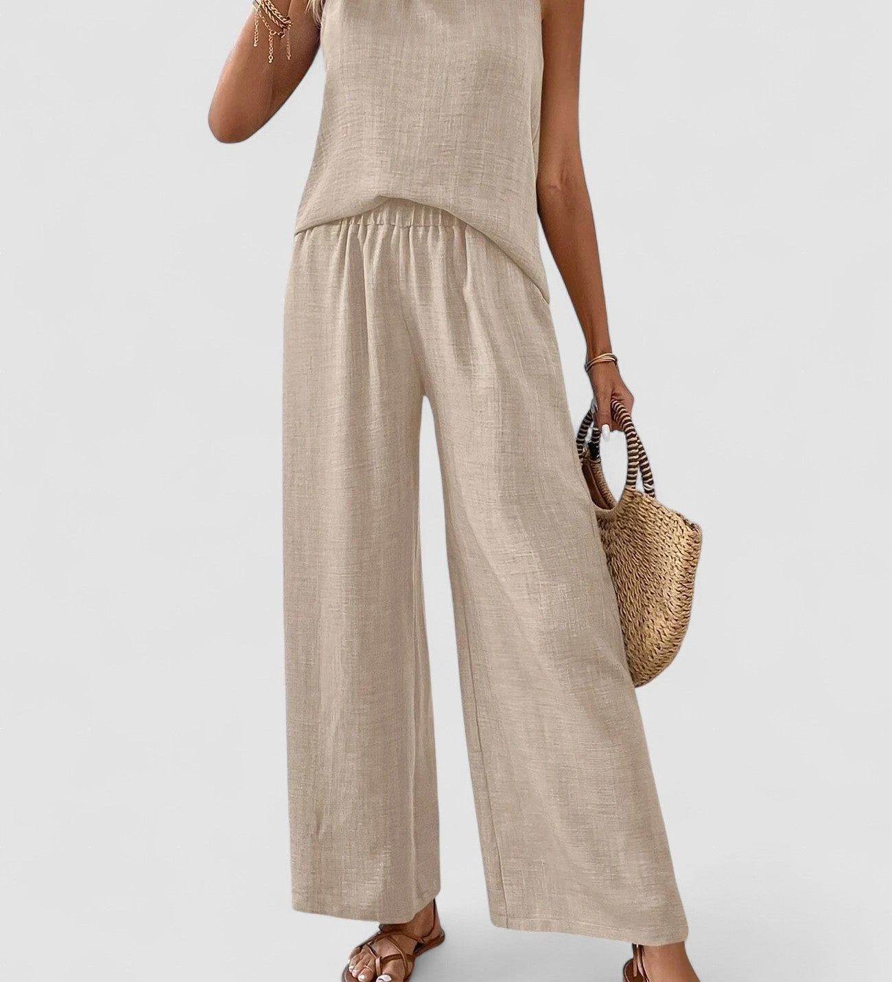 Light beige linen tank and wide-leg pants set, sleeveless with gathered waist