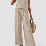 Light beige linen tank and wide-leg pants set, sleeveless with gathered waist
