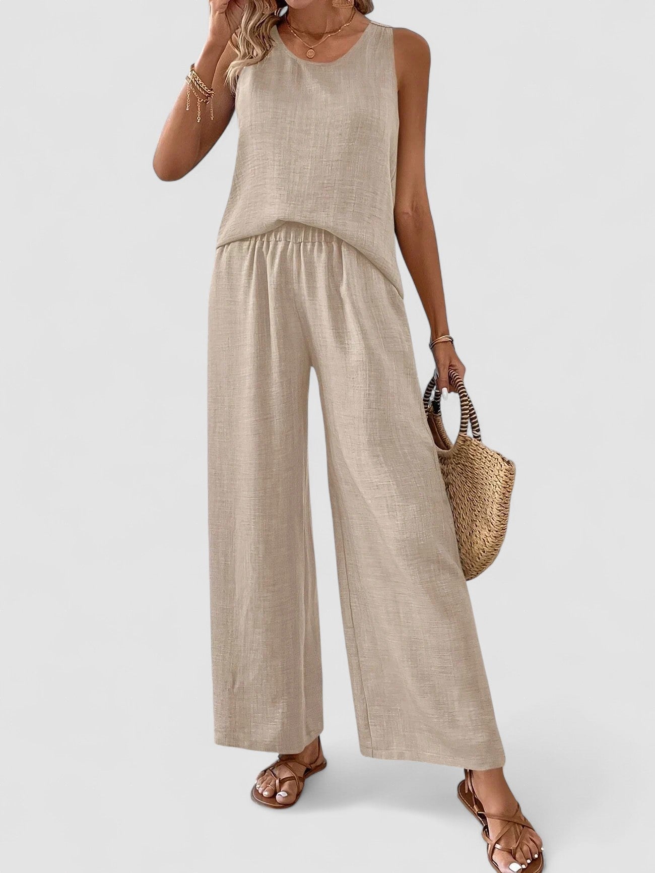 Light beige linen tank and wide-leg pants set, sleeveless with gathered waist