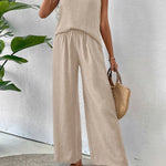 Beige sleeveless tank and wide-leg pants set with gathered tank hem