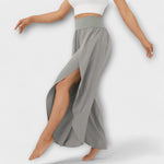 Women’s wide-leg pants with elastic waist, light gray, draped side slits