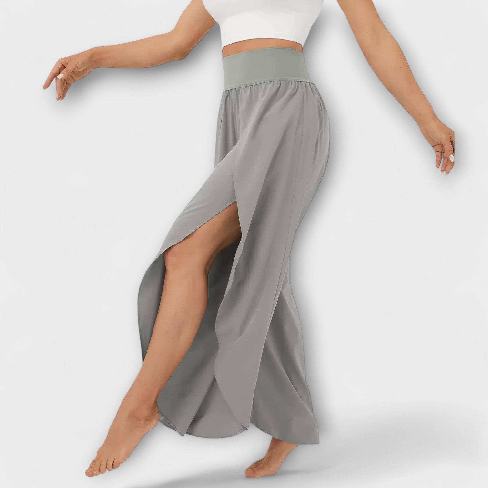 Women’s wide-leg pants with elastic waist, light gray, draped side slits