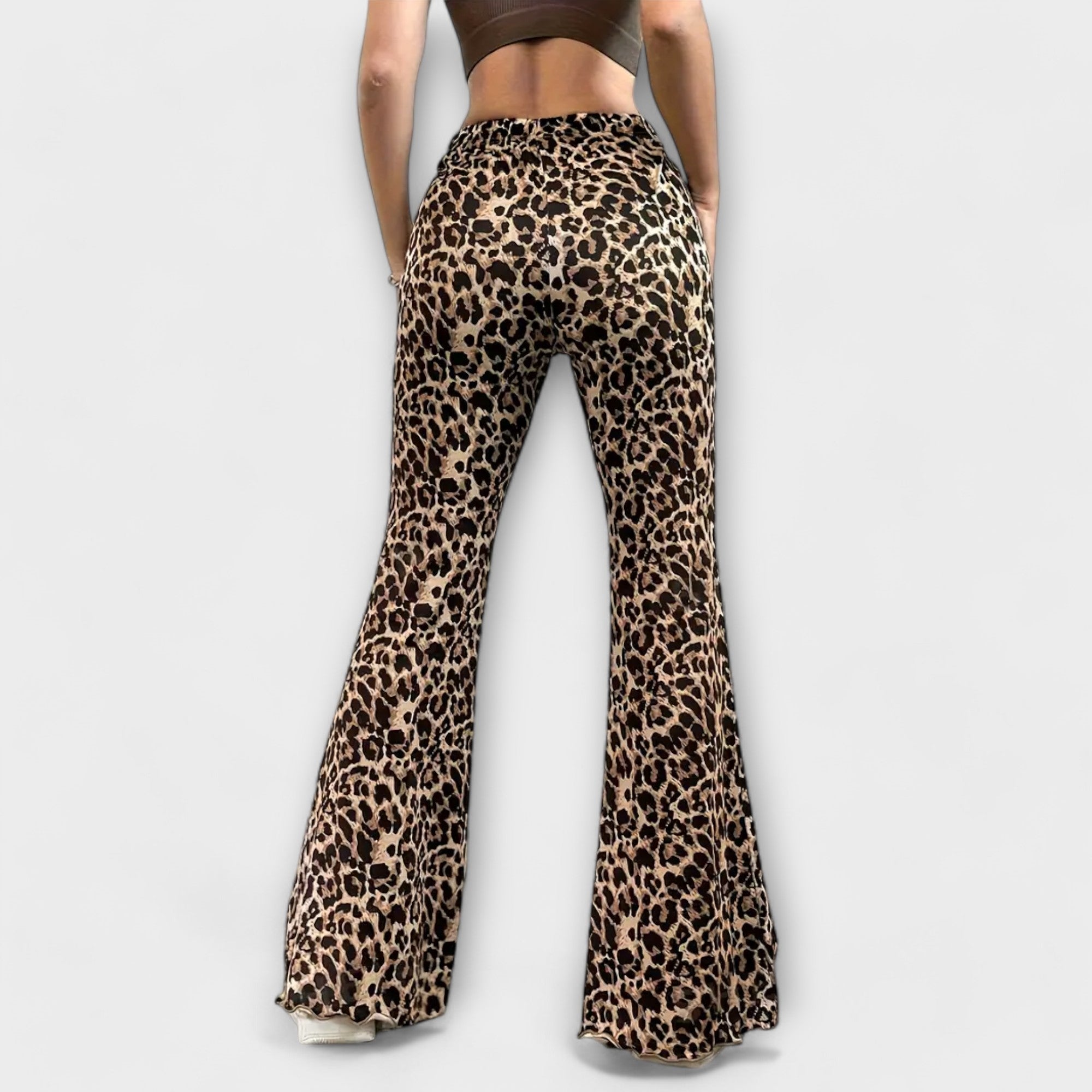 Leopard print flared trousers with straight-front seams and wide bell legs