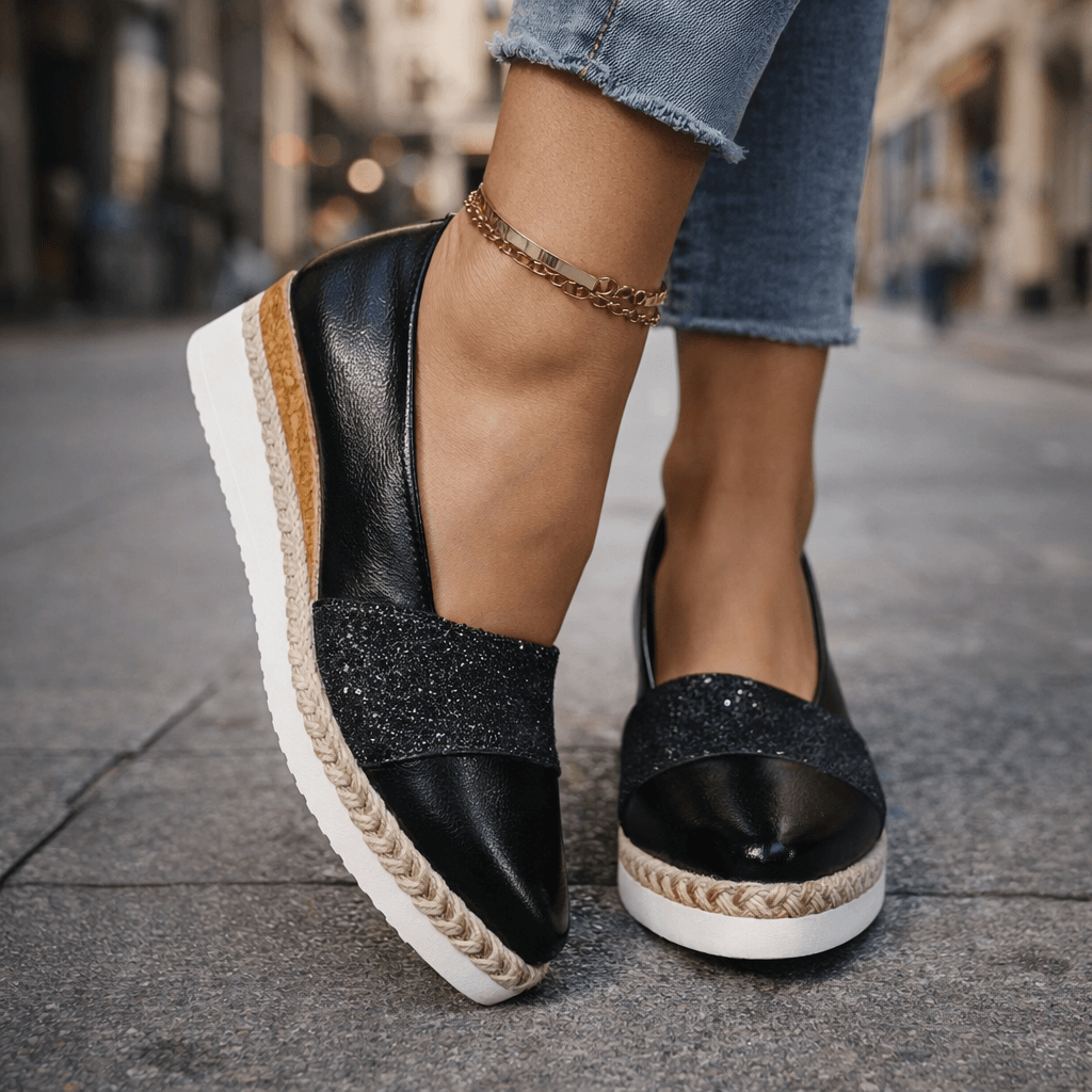 Black glitter espadrille wedge sandal with ankle chain detail and rope-wrapped sole