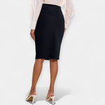 High-waist midi pencil skirt in black, close fit to mid-calf length