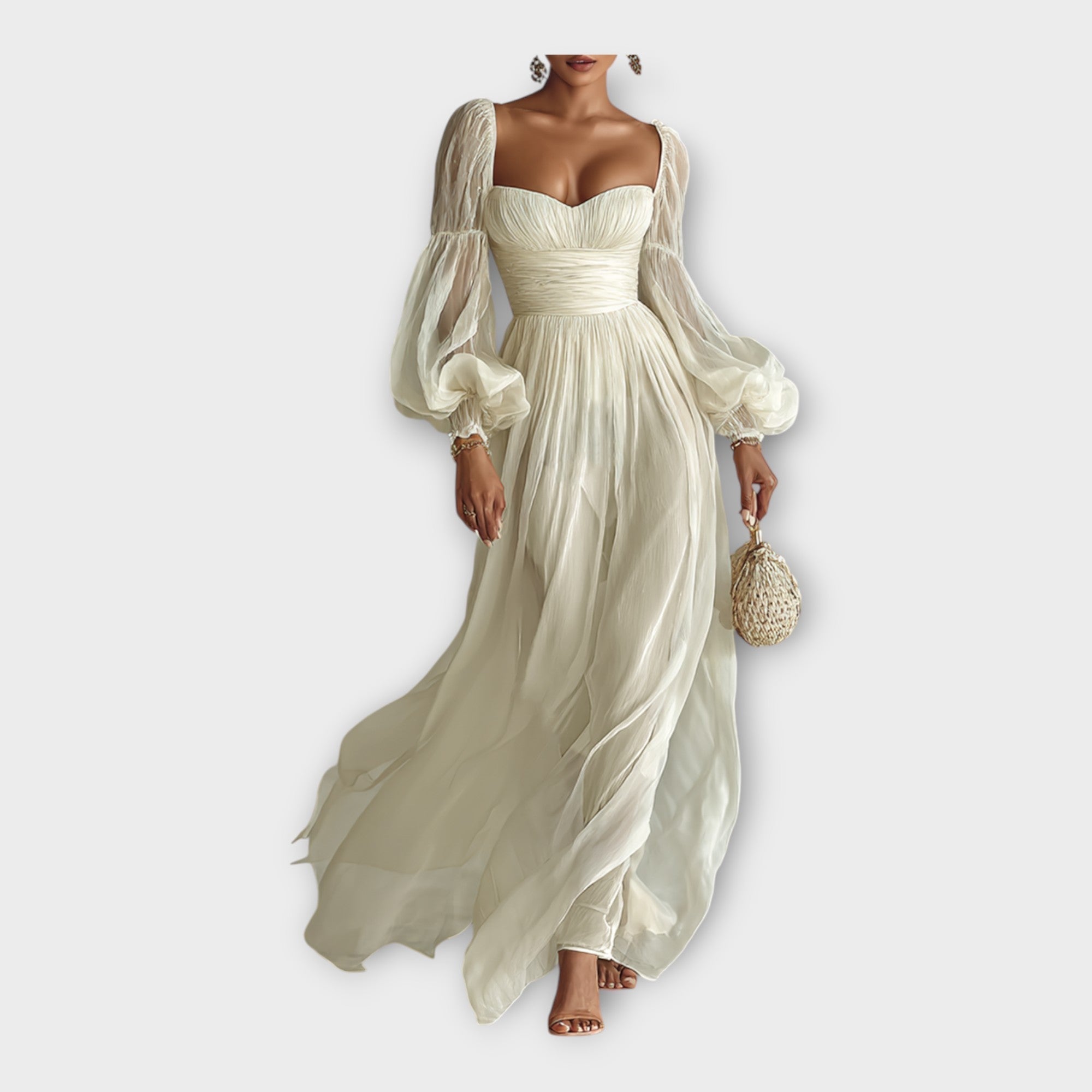 Light cream romantic maxi dress, smocked bodice and waist, voluminous puff sleeves, long skirt