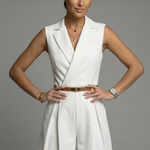 White sleeveless V-neck short dress with brown belt, pleated shorts, and lapel collar